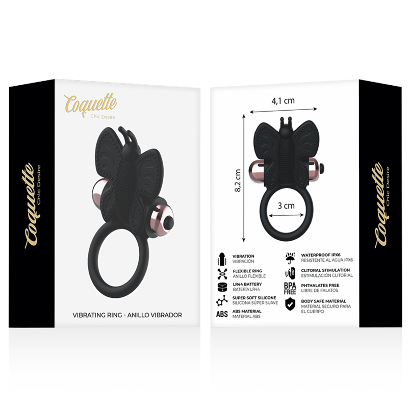 Anillo vibrador negro y dorado Coquette Chic Desire con diseño mariposa, para pareja, en primer plano.