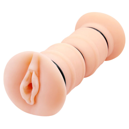 Masturbador doble con textura realista de la marca CRAZY BULL, diseño de vagina para placer masculino, en color natural.