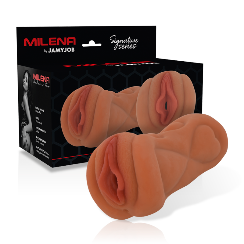 Masturbador Milena de Cyber Girls by Jamyjob, con forma de vagina, en color rosa, diseñado para uso íntimo masculino.