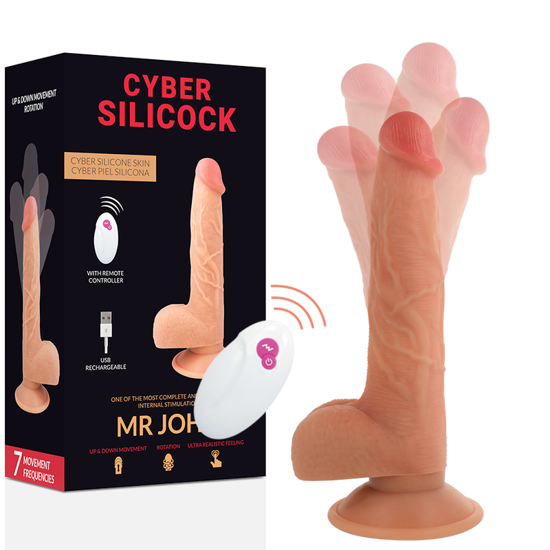 Cyber Silicoock, realista control remoto Mr John, de 23.88 cm por 4.3 cm, con textura de silicona y detalles realistas.