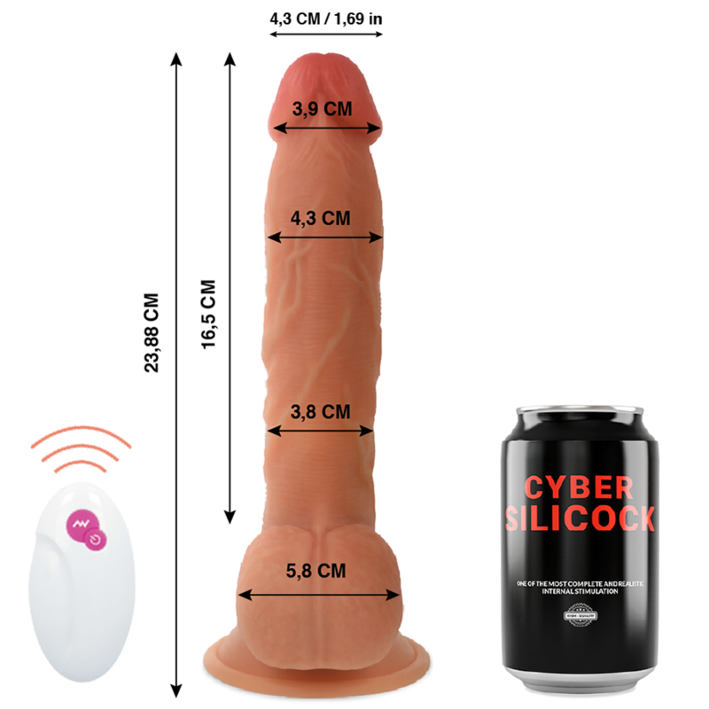 Forma realista de silicona de 23.88 cm con control remoto, de la marca CYBER SILICOCK, en color negro.