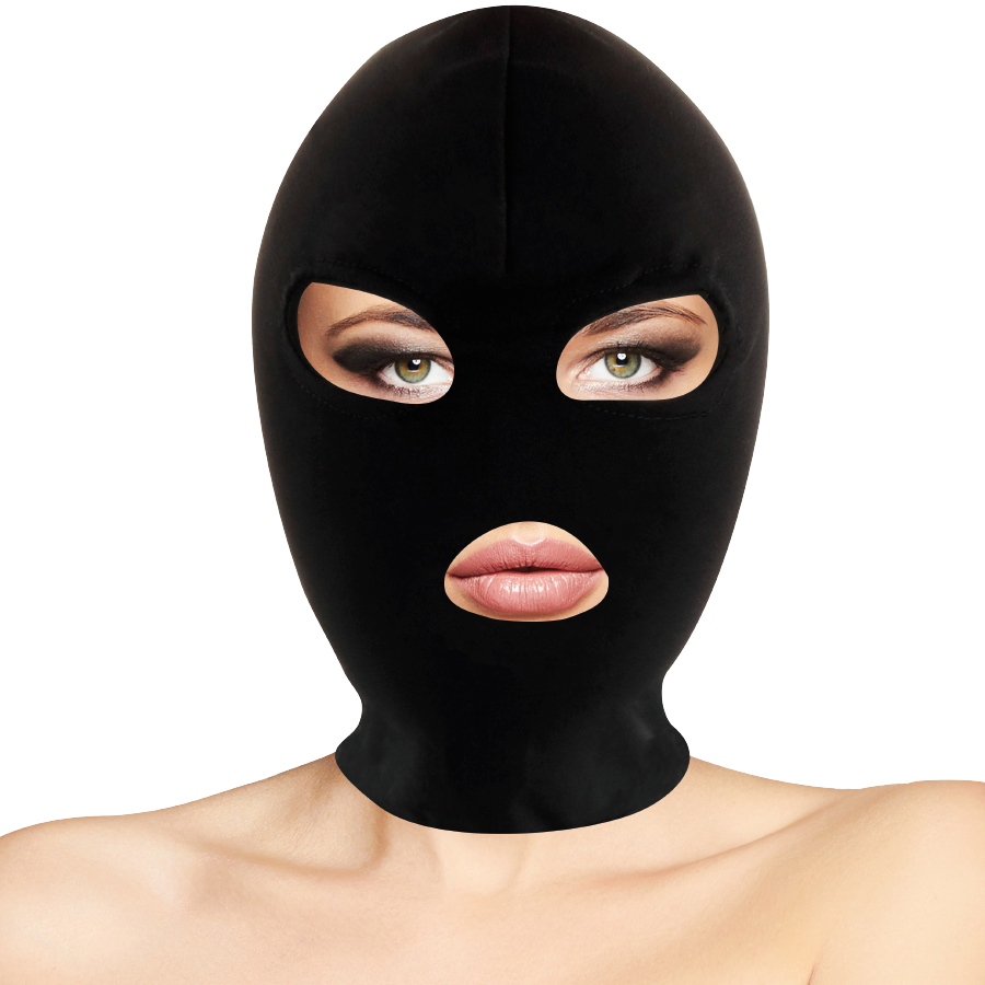 Máscara BDSM negra de Darkness Bondage para sumisión, cubre boca y ojos, con diseño ajustado y material resistente.