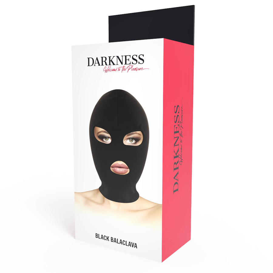 Máscara BDSM negra de Darkness Bondage con diseño para sumisión, cubre boca y ojos, material ajustable y cómodo para juegos de dominación.