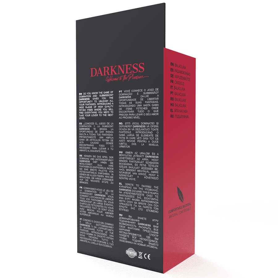 Máscara BDSM negra de DARKNESS BONDAGE con diseño para sumisión, cubre boca y ojos, hecha de material resistente y cómodo.