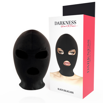 Máscara BDSM negra de Darkness Bondage para sumisión con ojos y boca cubiertos, diseñada para juegos de restricción y control