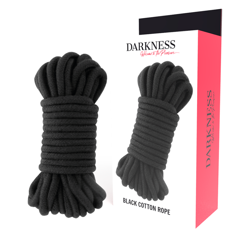 Cuerda japonesa negra de 5 metros de la marca Darkness Bondage, ideal para bondage y prácticas de restricción.