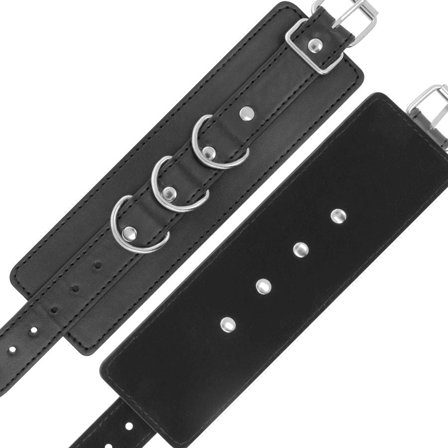 Esposas de cuero ajustables para tobillos en color negro de la marca DARKNESS BONDAGE, usadas como accesorios de restricción.