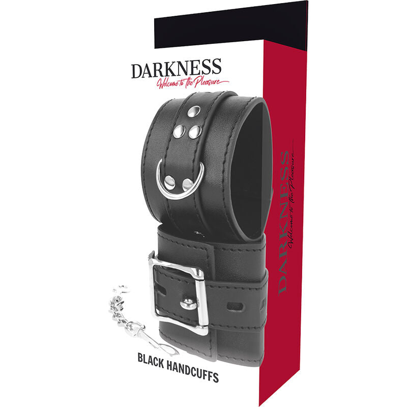 Black leather handcuffs from Darkness Bondage, featuring sturdy metal hardware and adjustable straps for secure restraint.