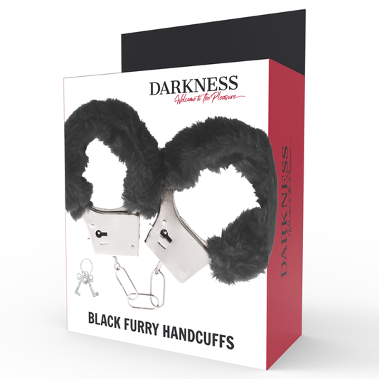 Esposas de metal forradas en negro de la marca DARKNESS BONDAGE, con cierre resistente y diseño sólido para bondage.