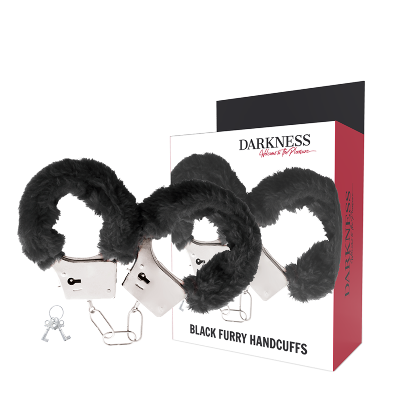 Esposas de metal forradas en negro de la marca DARKNESS BONDAGE, con acabado resistente y diseño ajustado para restricción segura.
