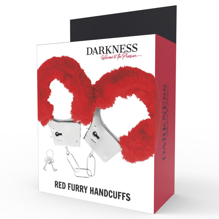 Esposas de metal forradas en rojo de la marca DARKNESS BONDAGE, diseño resistente y cómodo para juegos de restricción.