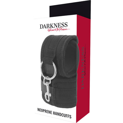 Pair of black neoprene bondage handcuffs from DARKNESS BONDAGE with adjustable straps and metal hardware for restraint.