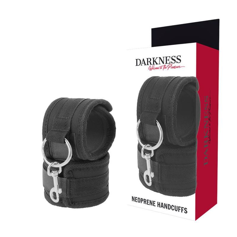 Darkness Bondage neoprene handcuffs with adjustable straps and secure locking mechanism for restrained bondage play.