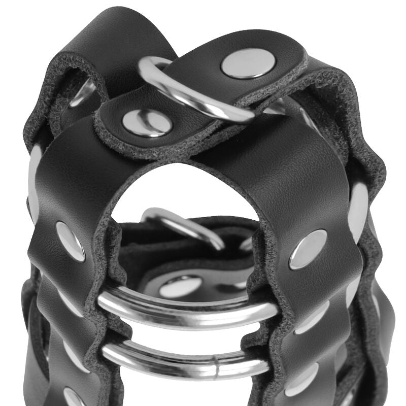 Jaula de castidad en cuero DARKNESS BONDAGE con candado, diseñado para restricción y control, con cierre seguro y cómodo.