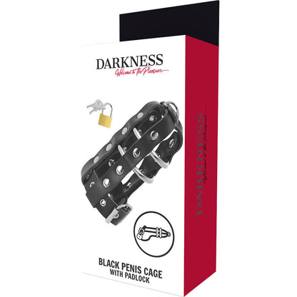 Jaula de castidad de cuero DARKNESS BONDAGE con candado, diseñada para restricción y control, visible en la imagen.