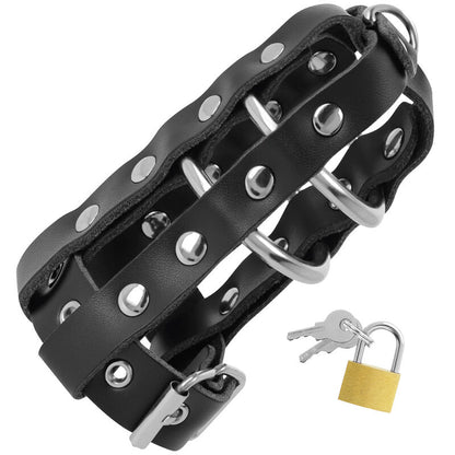 Jaula de castidad en cuero DARKNESS BONDAGE con candado, diseñada para restricción y control en juegos de BDSM.