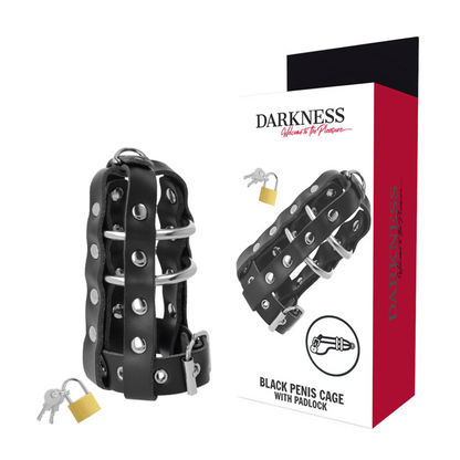 Jaula de cadera de cuero de Darkness Bondage con candado, diseñada para restricción y control, en color negro.