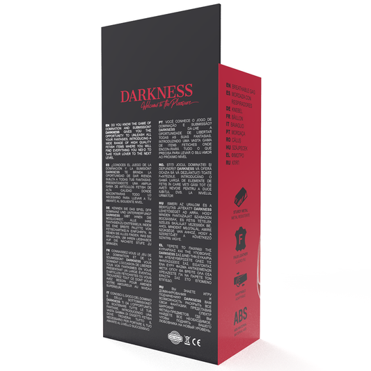 Mordaza transpirable roja de bondage Darkness, con diseño cómodo y ajustable para restricción segura y efectiva.