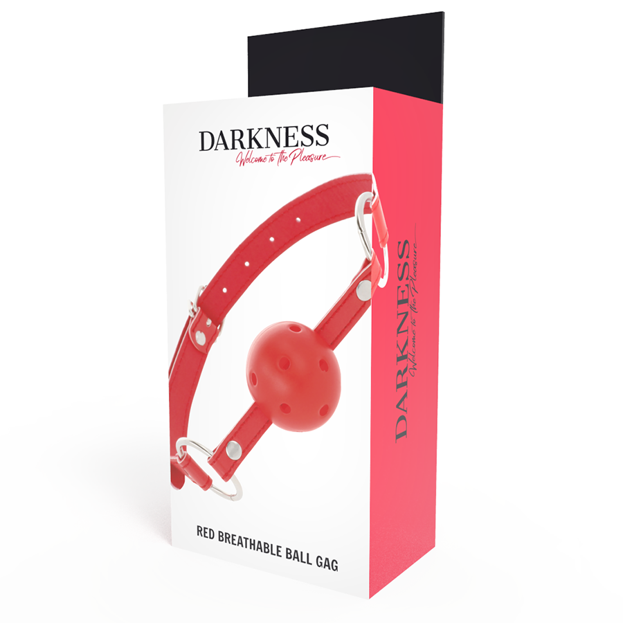 Mordaza transpirable roja de la marca DARKNESS BONDAGE, hecha de material cómodo y ajustable para restricción segura y cómoda