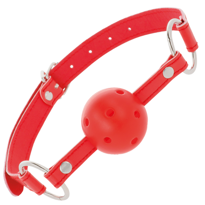 Mordaza transpirable roja de la marca Darkness Bondage, con diseño ajustable para uso en restricción y juegos de bondage.