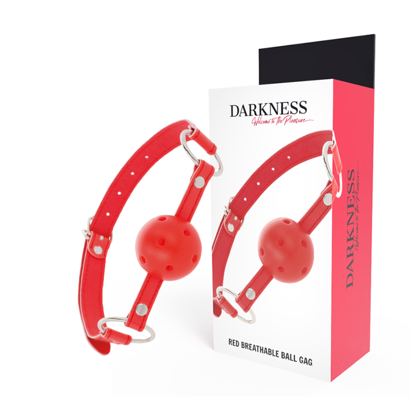 Mordaza transpirable roja de la marca DARKNESS BONDAGE, diseñada para restricción y comodidad en juegos de bondage.