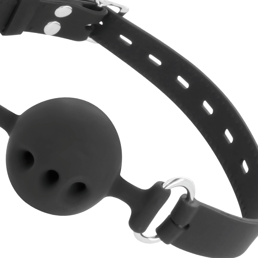 Mordaza transpirable de silicona negra de la marca DARKNESS BONDAGE, ideal para restricción cómoda y segura.