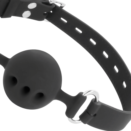 Mordaza transpirable de silicona negra de la marca DARKNESS BONDAGE, ideal para restricción cómoda y segura.