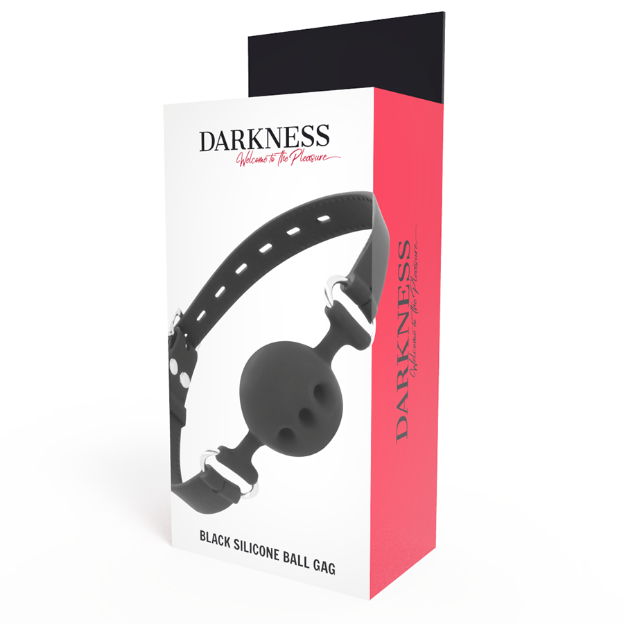 Mordaza transpirable de silicona negra DARKNESS BONDAGE, con diseño cómodo y ajustable para restricción de respiración.