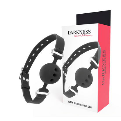 Mordaza transpirable de silicona negra DARKNESS BONDAGE, ideal para restricción cómoda y segura en juegos de bondage.