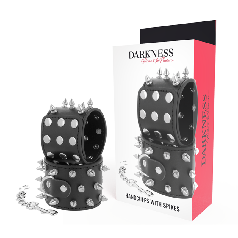 Esposas negras con picos y calaveras de la marca Darkness Bondage, hechas de cuero y metal, para juegos de restricción y BDSM.