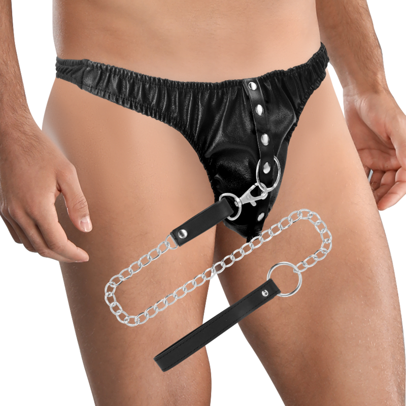 Tanga de sumisión DARKNESS BONDAGE con cadena metálica, diseñado para juegos de roles y restricción.