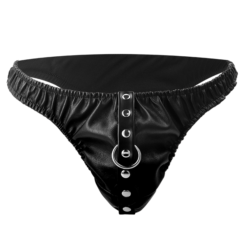 Tanga de sumisión DARKNESS BONDAGE con cadena metálica, diseño ajustado y detalles de metal, para juegos de restricción y BDSM.