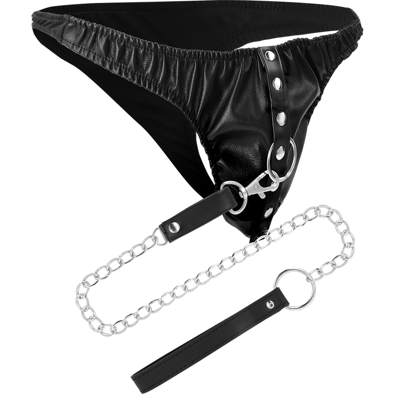 Tanga de sumisión DARKNESS Bondage con cadena metálica, en negro y ajustado a la cintura, para uso de BDSM y fetichismo.