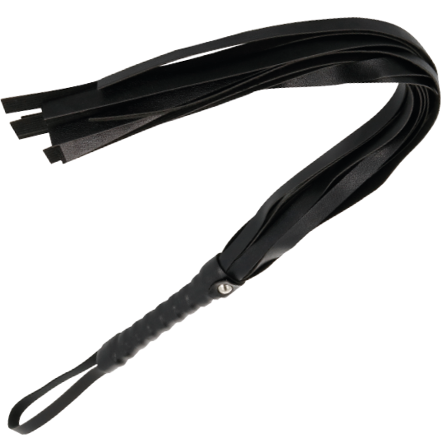 Látigo de bondage negro Darkness Sensations de 45 cm con empuñadura y cuerda de cuero para juegos eróticos y BDSM