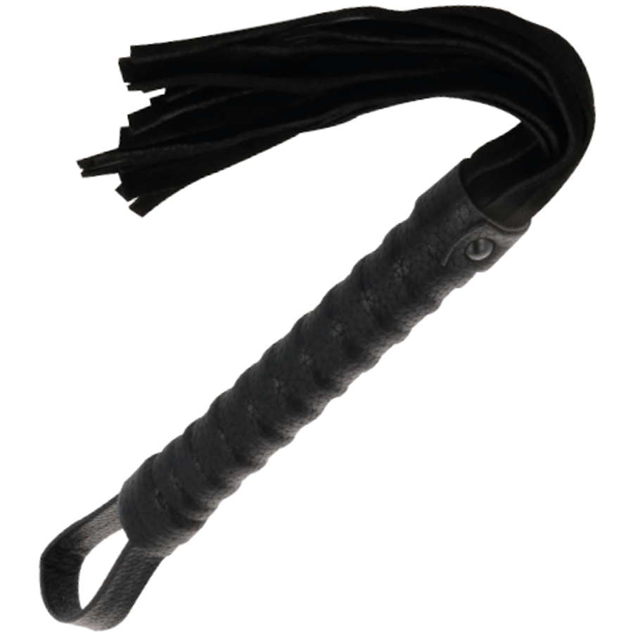 Darkness Sensations black leather bondage whip with a wooden handle, designed for BDSM and bondage play.
