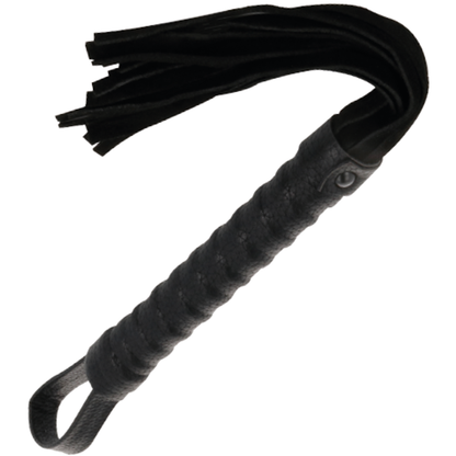 Darkness Sensations black leather bondage whip with a wooden handle, designed for BDSM and bondage play.