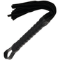 Darkness Sensations black leather bondage whip with a wooden handle, designed for BDSM and bondage play.