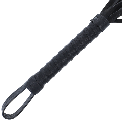 Black bondage whip with a leather handle from DARKNESS SENSATIONS, featuring a sleek, textured black leather surface for BDSM play.