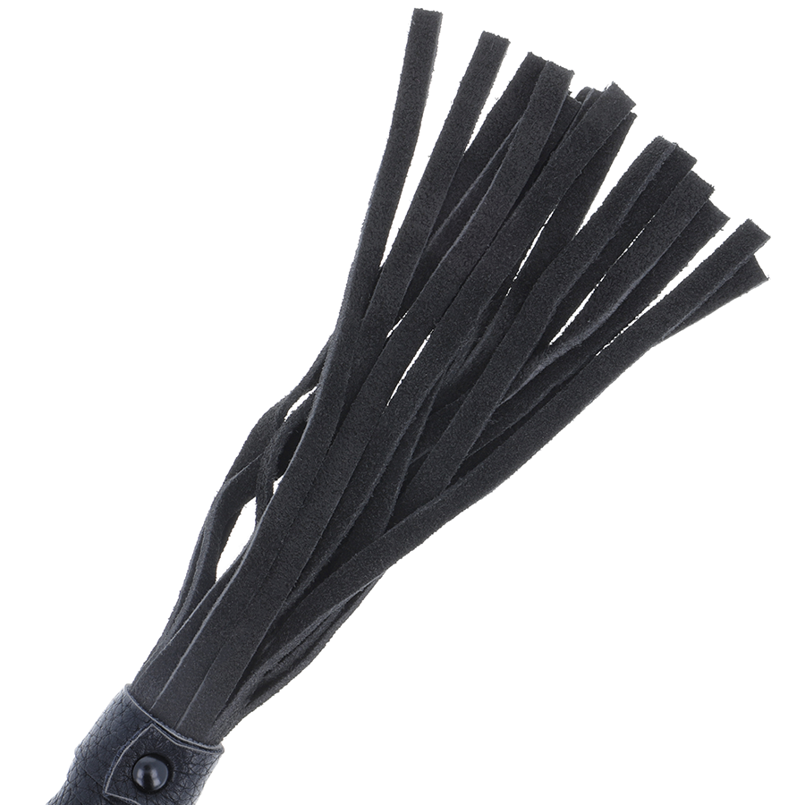 Black leather bondage whip with a wooden handle from DARKNESS SENSATIONS, featuring a sleek black design and textured grip.