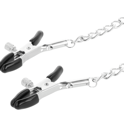 Pinzas ajustables para pezones de metal DARKNESS SENSATIONS, con diseño resistente y ajustable para uso íntimo.