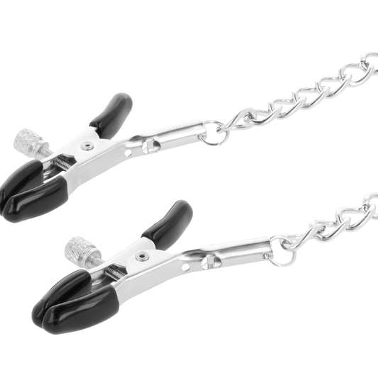 Pinzas ajustables para pezones de metal DARKNESS SENSATIONS, con diseño resistente y ajustable para uso íntimo.