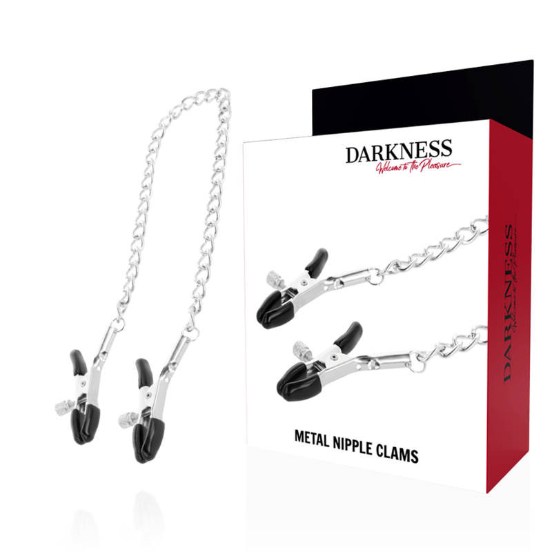 Pinzas ajustables para pezones de metal de la marca Darkness Sensations, con diseño resistente y cómodo para uso íntimo.