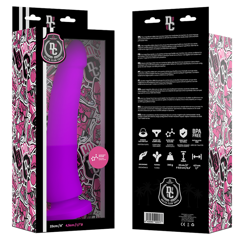 Dildo realista lila de silicona médica Delta Club, 23 cm de longitud y 4.5 cm de diámetro, con forma anatómica.