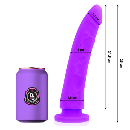Dildo realista de silicona médica color lila de 23 cm de la marca DELTACLUB, con diámetro de 4.5 cm, de forma anatómica y detallada.