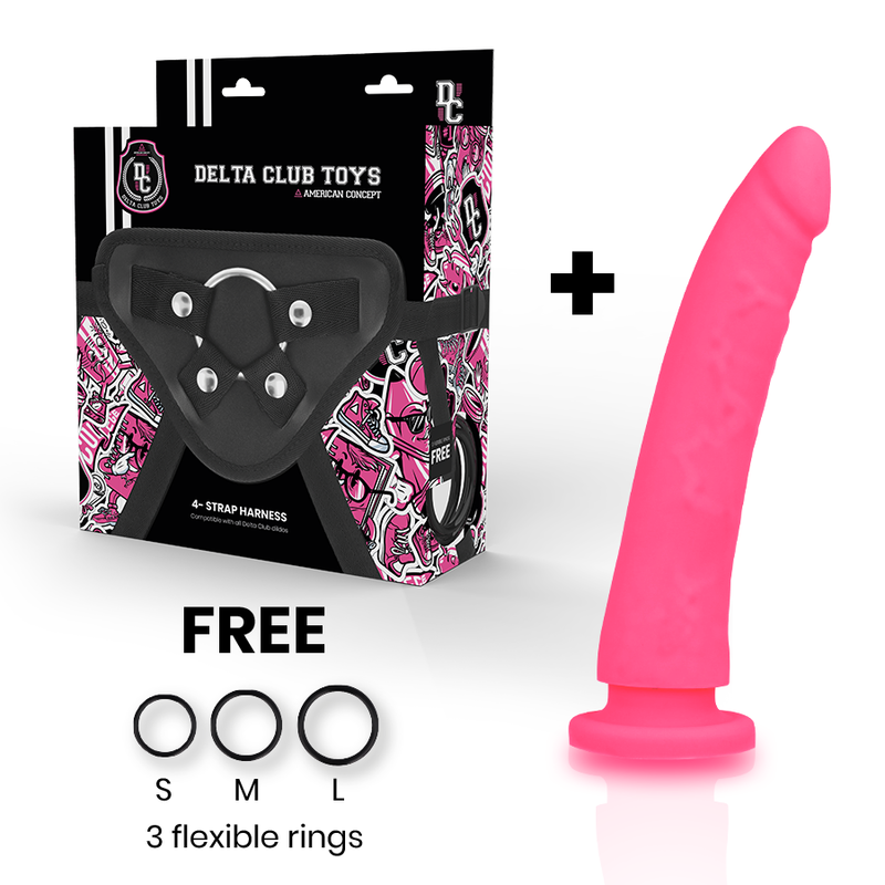 Arnés y dildo rosa de silicona médica de 17 cm por 3 cm de la marca DELTACLUB, ideal para uso íntimo y placentero.