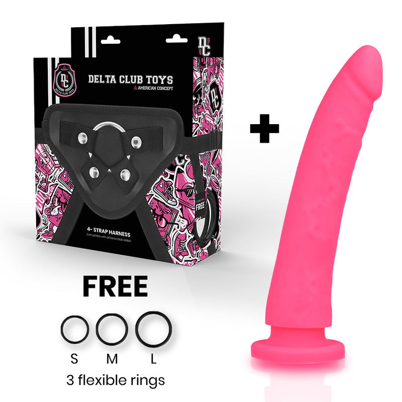 Dildo y arnés rosa de silicona médica de 20 cm por 4 cm de DELTACLUB, con diseño ergonómico y seguro para uso íntimo.