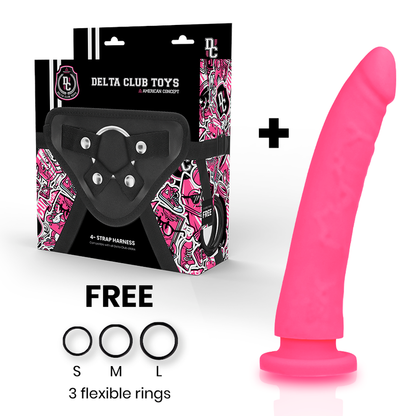 Dildo y arnés rosa de silicona médica de 20 cm por 4 cm de DELTACLUB, con diseño ergonómico y seguro para uso íntimo.