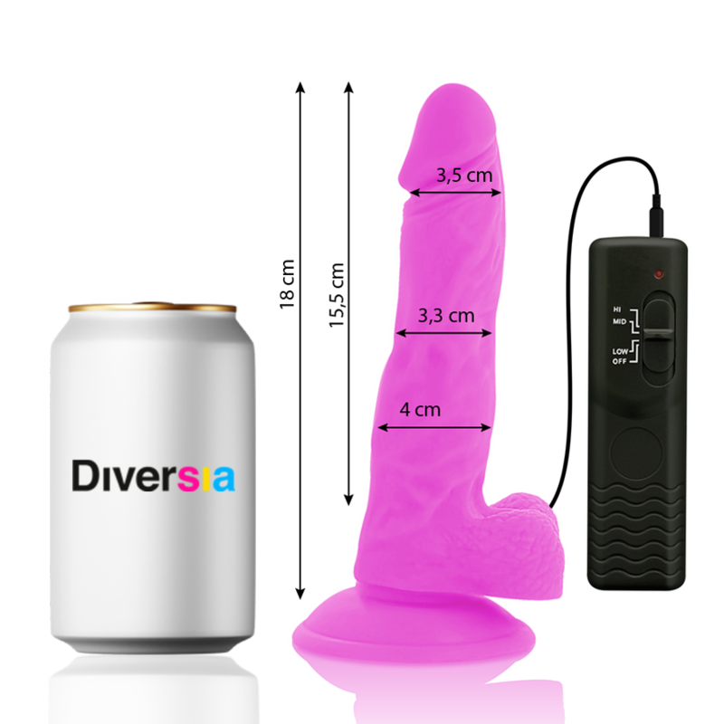 Dildo realista flexible con vibración de color lila, 18 cm de largo y 4 cm de diámetro, de la marca Diversia.