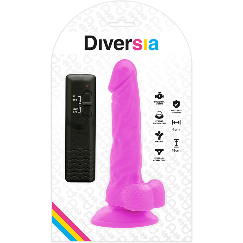Dildo realístico flexible con vibración de color lila, 18 cm de longitud y 4 cm de diámetro, marca Diversia.