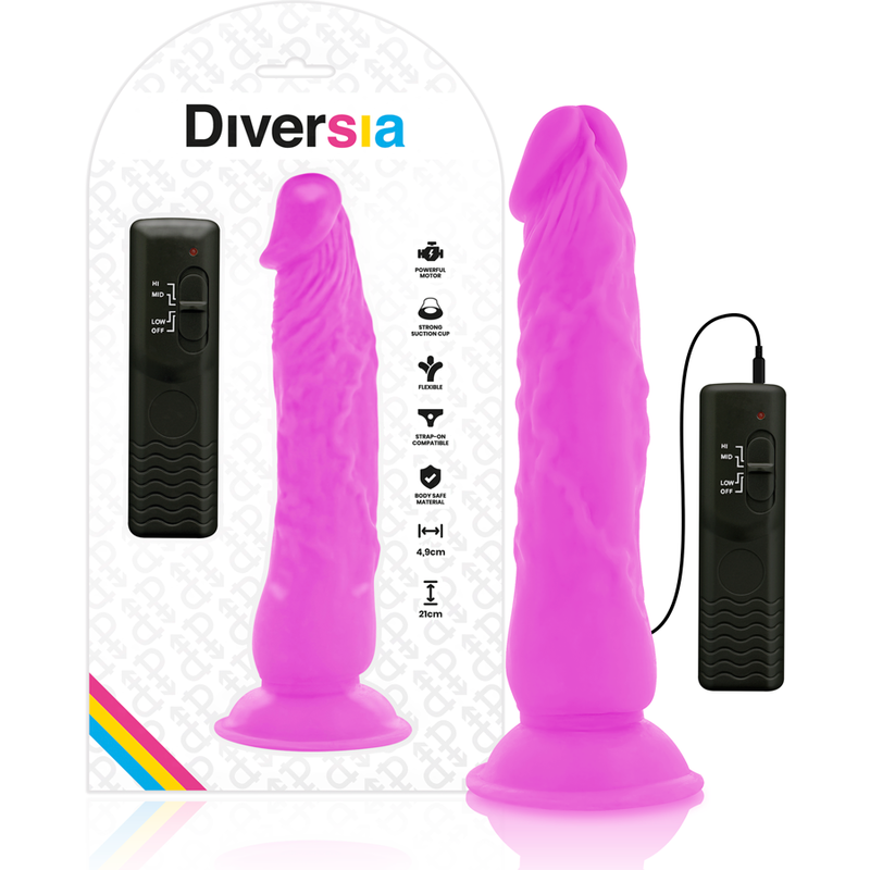 Dildo realístico flexible con vibración en color lila, de 21 cm de la marca DIVERSIA, con diámetro de 4.9 cm.